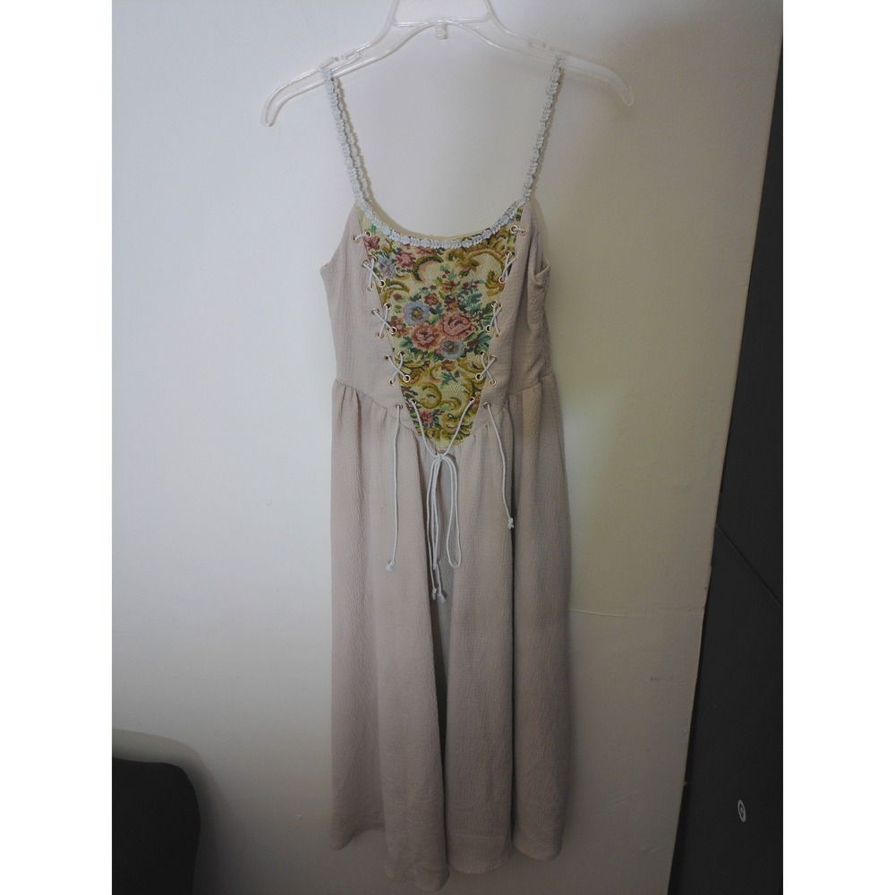 Unbranded Corset Midi Dress Womens Beige Floral Tapestry Lace Up Whimsical Boho